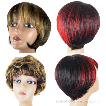 Ombre Short Bralian Hair Wig , Piano Color  Human Hair No lace Wig With Highlights for black women